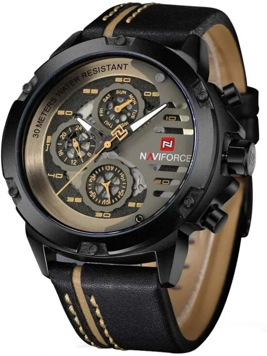 Men's Black Yellow Analog Quartz Leather Band Waterproof Military Wrist Watch