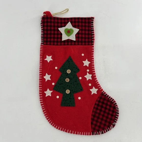 Vintage Felt Christmas Stocking Tree Stitch Button Buffalo Plaid Handcraft 19.5