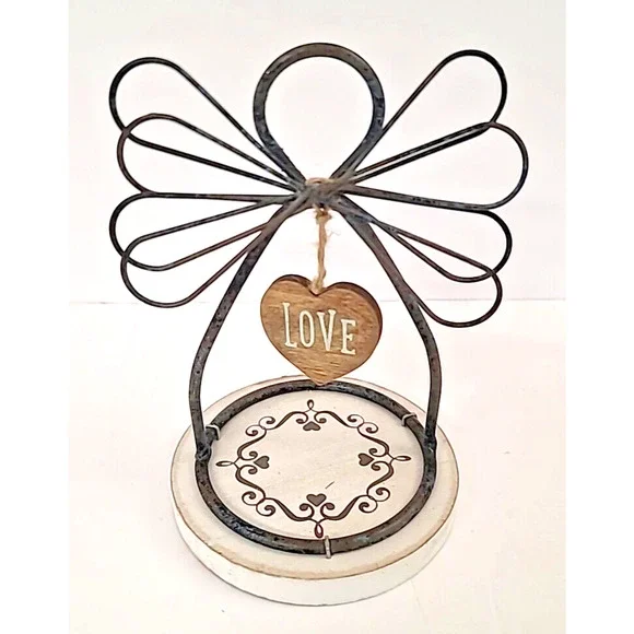 Love Wire Angel with Hanging Wood Heart‎ Wood Base 6