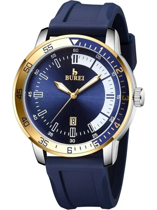 Men's Blue Gold Analog Quartz Silicone Waterproof Geometric Design Classic Watch