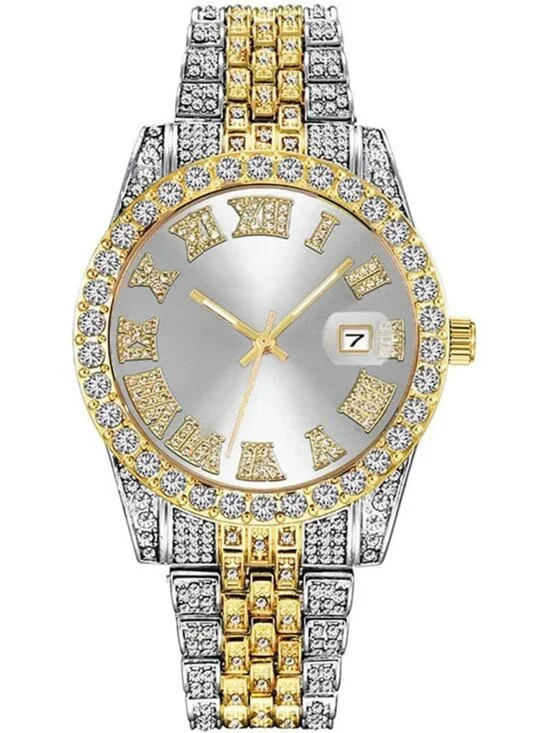 Men Silver White Analog Crystal Rhinestone Diamond Iced-Out Bracelet Wrist Watch