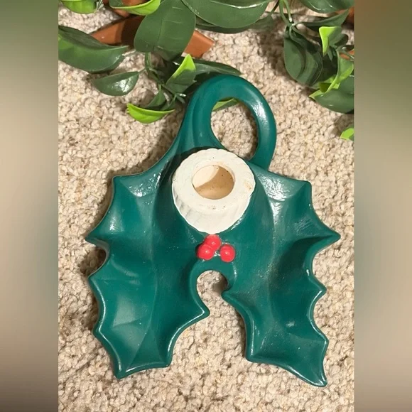 Vintage Holland Mold  Green Holly Leaf Candle Holder