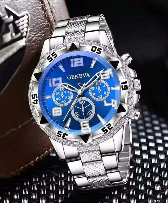 Geneva Men's Silver-Tone Quartz Watch with Blue Dial and Textured Bezel