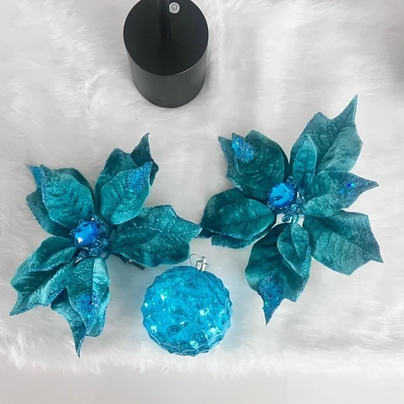 Plush Velvet Blue Green Christmas Poinsettia Flowers with clip