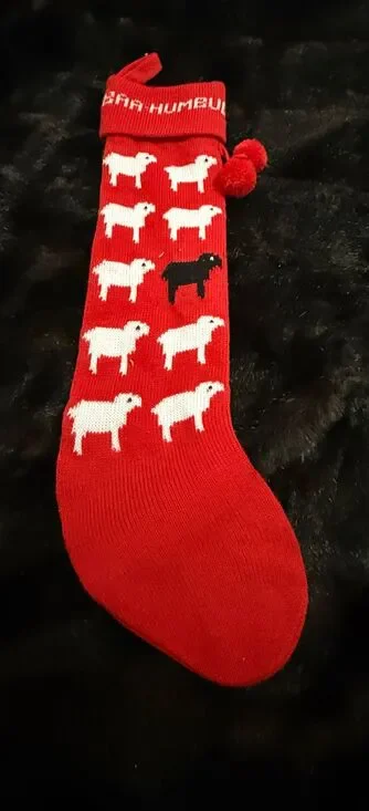 Vtg Baa Humbug Christmas Stocking Red Black Sheep Knit Midwest of Cannon Falls