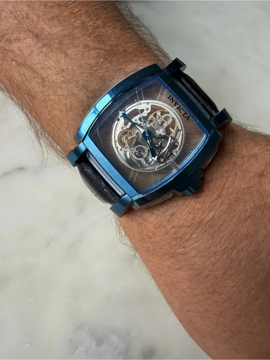 Invicta Men's Blue-Tone Skeleton Dial Automatic Watch with Black Leather Strap