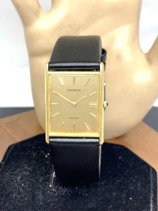 Lassale By Seiko Watch 7730-5059 Quartz Tank Gold Dial Black Leather Strap 23mm