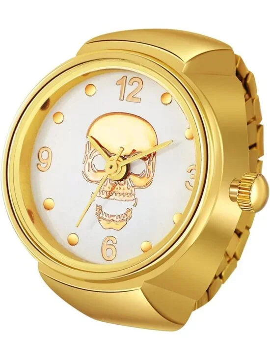 Unisex Gold Analog Quartz Plated Elastic Skull Simple Round Finger Ring Watch