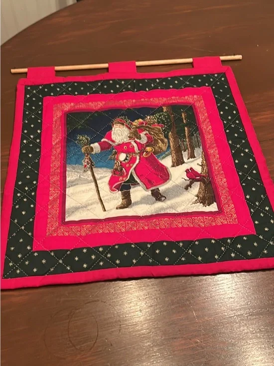 Holiday Santa Wall Hanging - Red and Green Christmas Decor 17 by 17 1/2 In