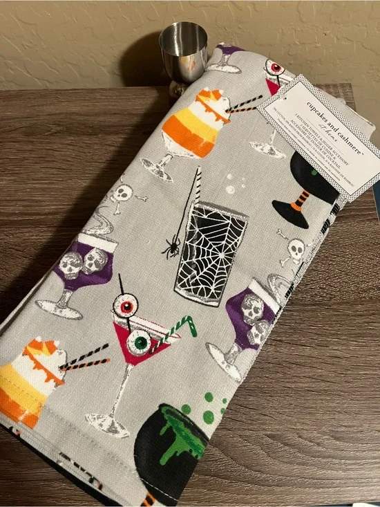 Cupcakes and Cashmere Halloween Cocktails Hand Towels (3) Metal Shot Glass NWT