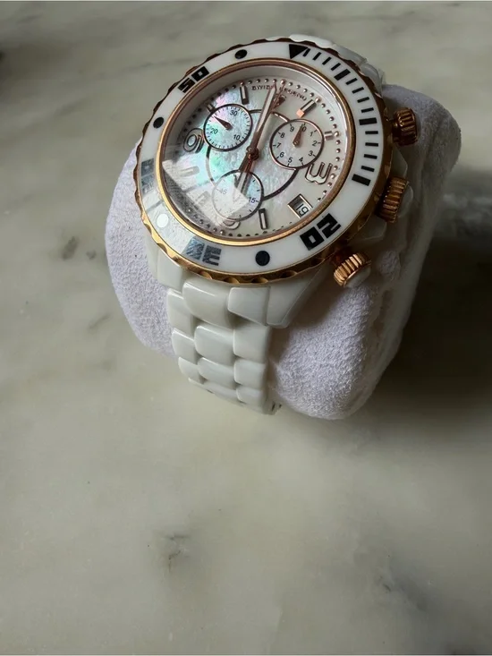 White Ceramic Chronograph Swiss Legend Watch with Rose Gold Accents
