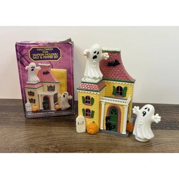 Halloween Fun Haunted House Napkin Holder & Ghost Salt & Pepper Shakers BROKE