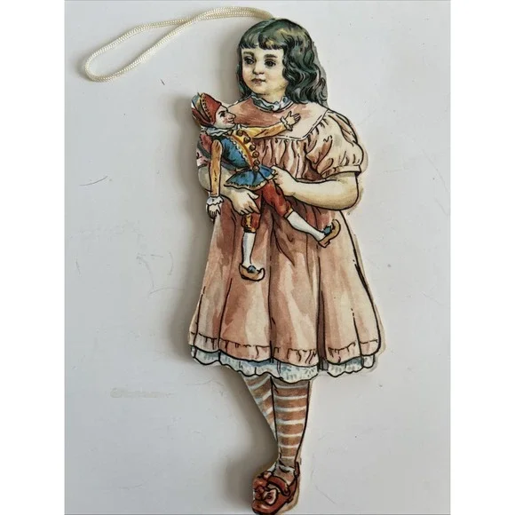 Victoria Girl with Clown Cardboard Christmas Ornament Vintage Miniature