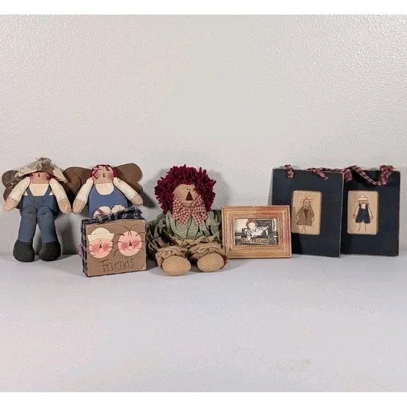 Primitive Raggedy Ann Rag Doll Ornament Lot Handmade Country Farmhouse Decor