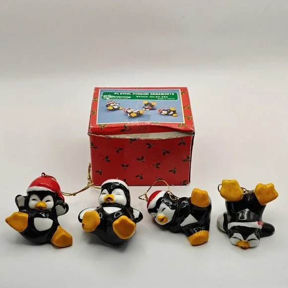 Christmas Around the World Playful Penguin 4pc Ceramic Hanging Ornaments 54-224