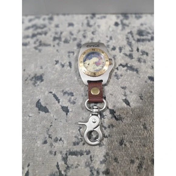 Vintage Coca-Cola Polar Bear Clip On Fob Watch Compass Bezel Silver Gold Tone