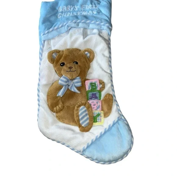Vintage baby’s first Christmas Blue and Stocking Teddy Bear retro