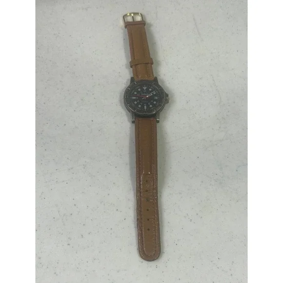 Enchanter Field Watch Black Dial Japan Quartz Tan Leather‎ Strap Compass Bezel