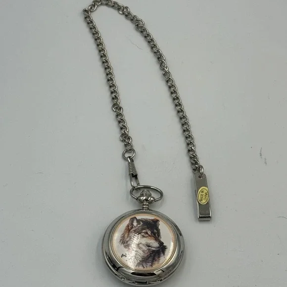 Westminster Wolf Pocket Watch Silver‎ Tone Hunter Case Wildlife Graphic & Chain
