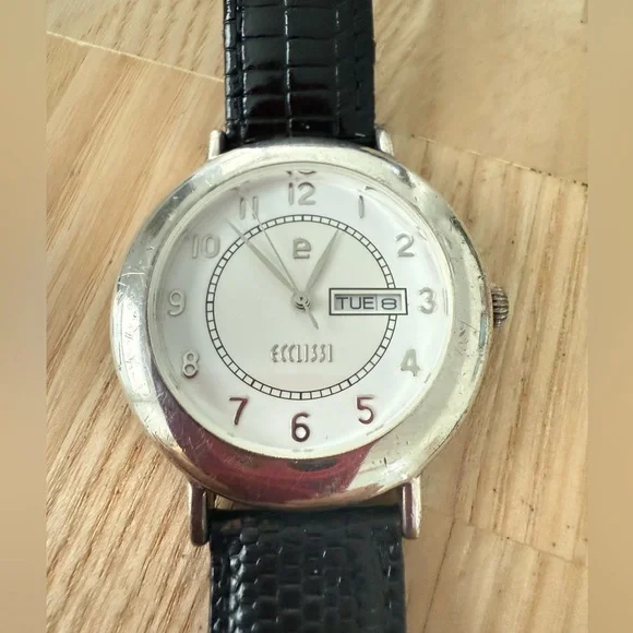 Vintage ECCLISSI 925 Sterling silver black leather watch NEW BATTERY