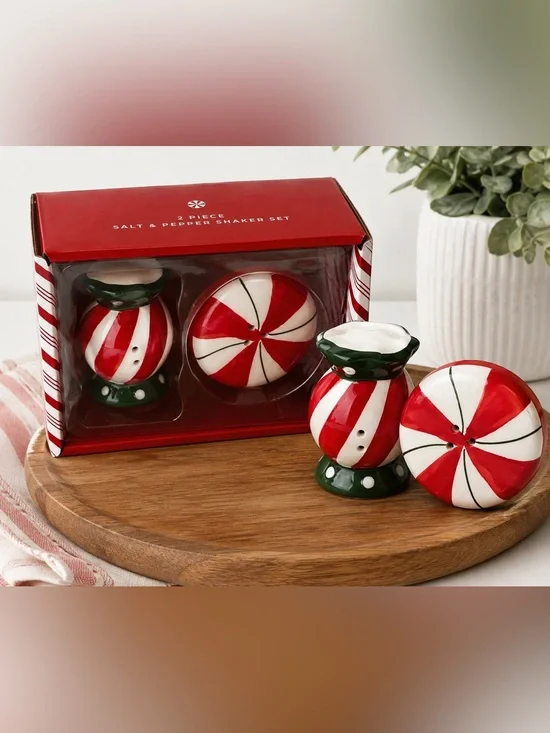 Holiday Peppermint Stripe Salt & Pepper Shakers - Red & White