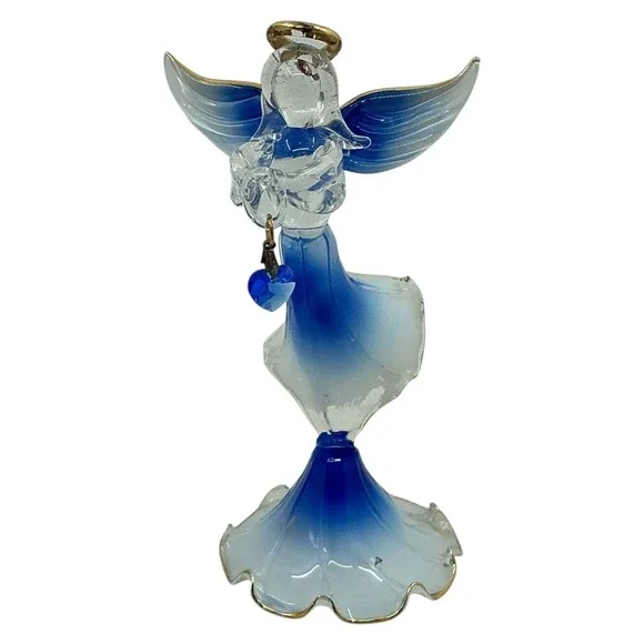 Hand Blown Blue Glass‎ Angel Figurine with Gold Trim Heart Charm 5¼ in
