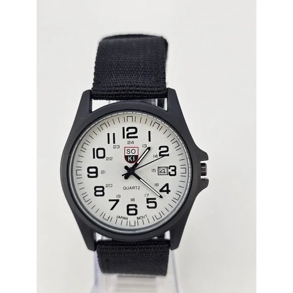 41MM Field Men Analog Watch White Dial Date Black Canvas Nylon Bands New Battery