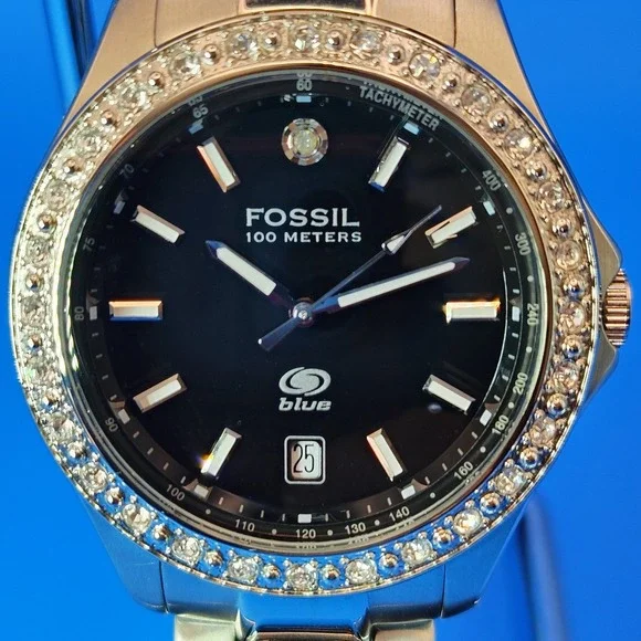 Vintage 2007 Fossil Blue Date Crystal Bezel 40mm Mens Quartz Watch Restored