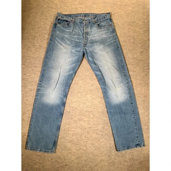 Levis 501 Original Fit Jeans Mens 38x34 Light Blue Whiskering Denim Straight Leg