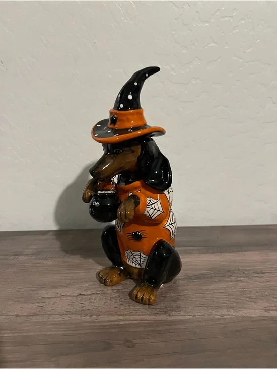 Blue Sky Halloween Witch Dachshund Figurine in Orange and Black Witch Costume