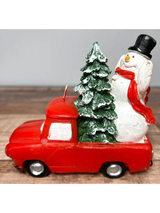 Vintage Red Truck Candle With Snowman & Christmas Tree