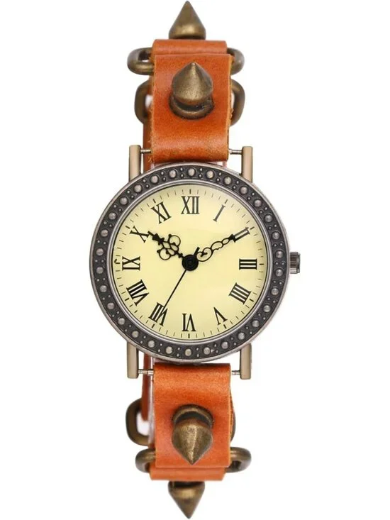Unisex Orange Analog Quartz Spike Wide Leather Strap Band Vintage Wrist Watch