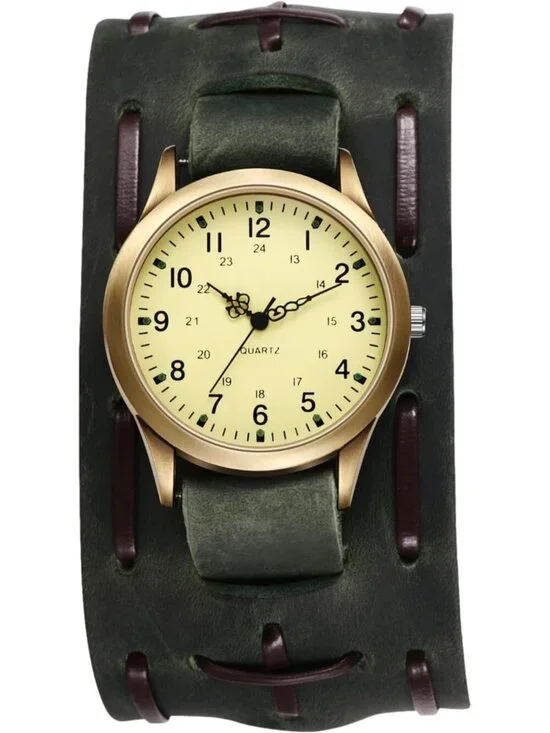 Unisex Green Analog Quartz Arabic Numerals Leather Strap Vintage Wrist Watch