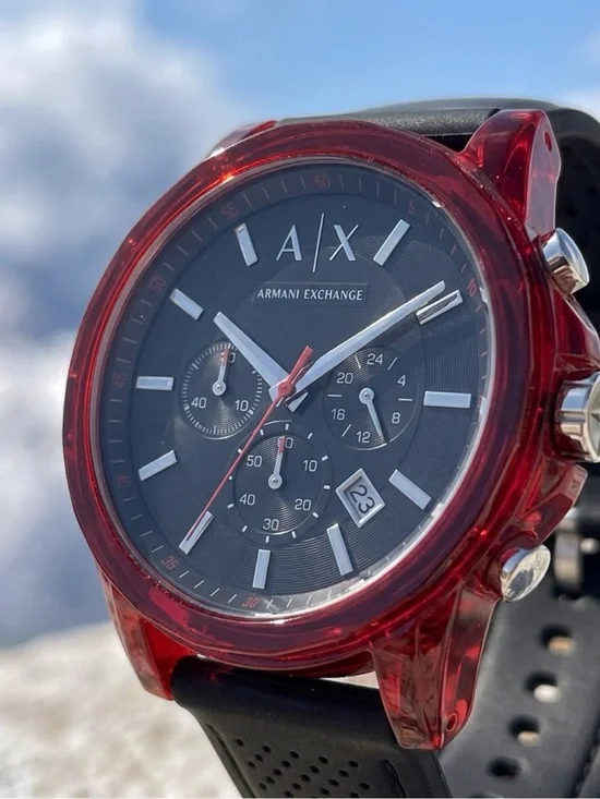 Armani Exchange Black Dial Chronograph Watch with Red Transparent Case