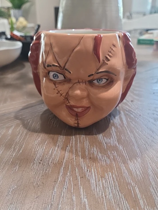 Novelty Horror Doll Face Ceramic Mug in Brown and Red -