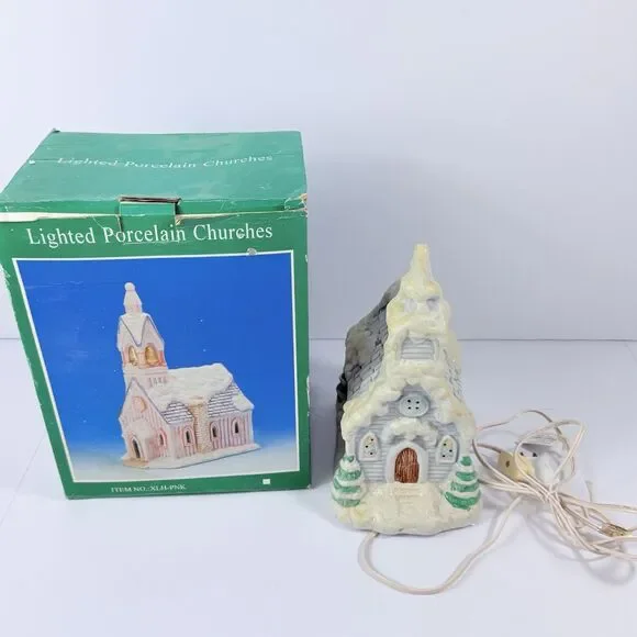 Vintage Lighted Porcelain Christmas Church Village Decor w Box Snowy Chapel Work