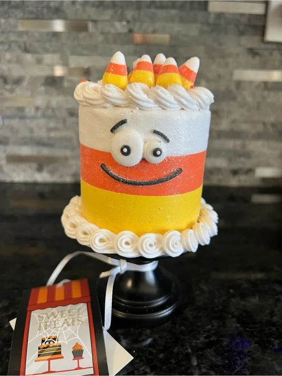 CANDY CORN Faux Frosted Cake With Smiley Face…So Realistic & CUTE!!! 6 In!!
