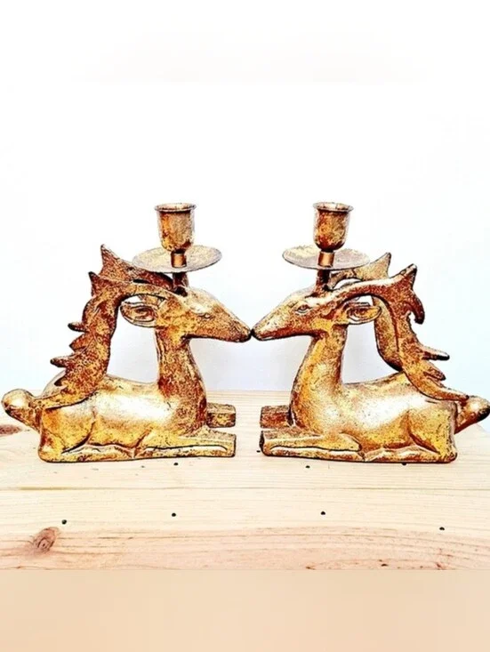 Vintage Brass Reindeer Stag Candle Holders | Matched Pair | 7” Holiday Decor