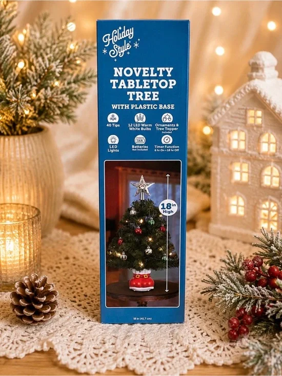 NIB 18” Novelty Tabletop Christmas Tree On Ornament Base With Star Topper