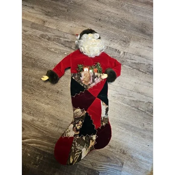 3D Santa Crazy Quilted Embroidered Patchwork Stocking Vintage Plastic Hands Face