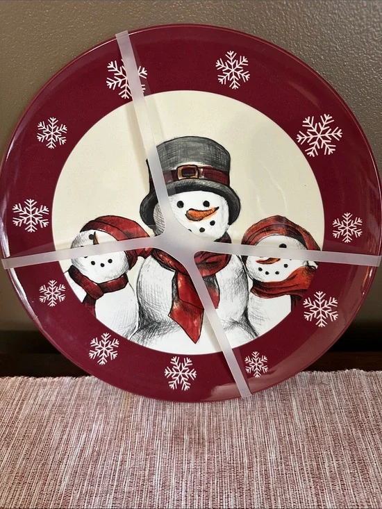 St. Nicholas Square Red and White Snowman Trio Salad Plates Set of 4 Melamine