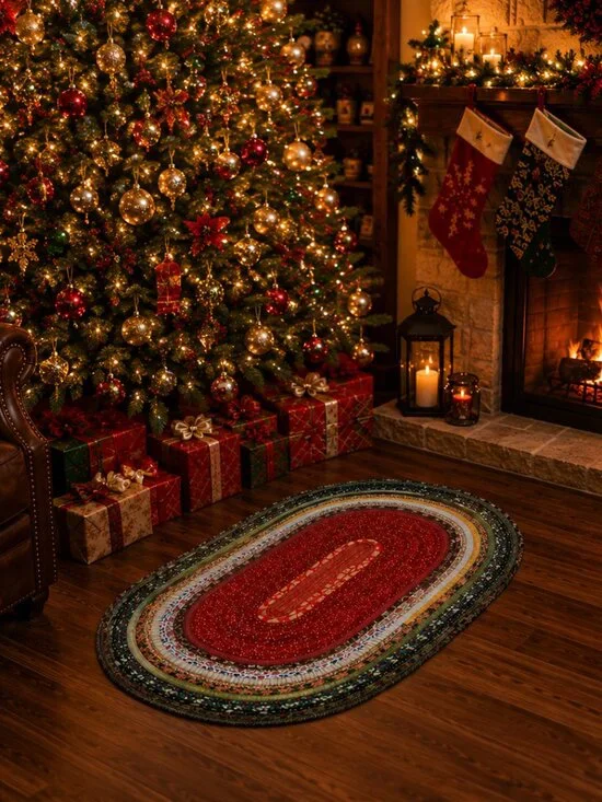 Christmas Jelly Roll Oval Rug in Traditional Christmas Colors