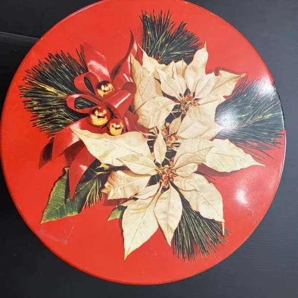 Vintage Christmas Poinsettias Round Metal Tin Red White Flowers Pine Bells