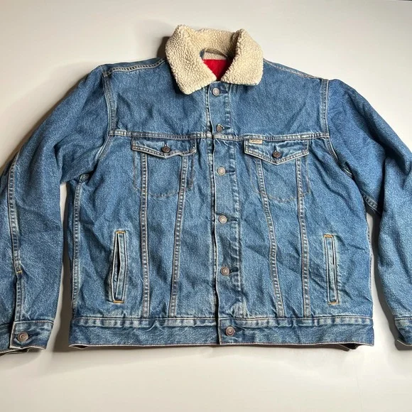 Levi's Strauss Signature Sherpa Lined Denim Trucker Jacket Men's L Blue Jean Red