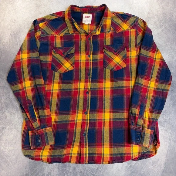 Levi's Flannel Shirt Mens XXL Red Yellow Blue Plaid Western Cotton Button Down