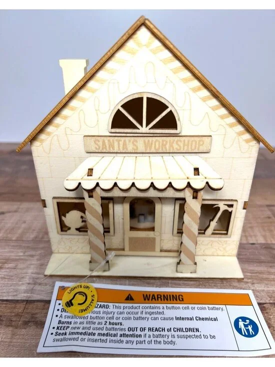 Santas Workshop Wooden LED Light-Up House Laser cut Can Be Painted Or Natural