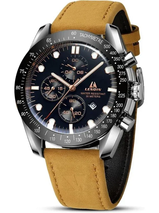 Men's Brown Black Analog Quartz Leather Waterproof Luminous Luxury Casual Watch