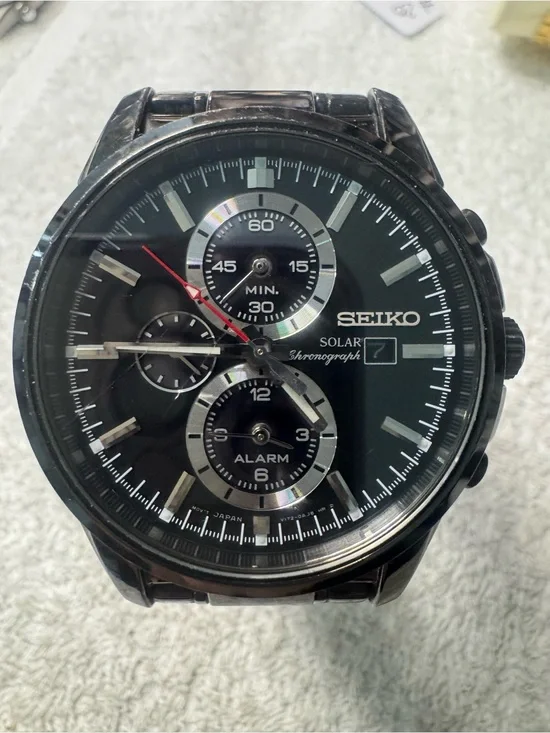 Seiko Black Dial Solar Chronograph Watch with Red Seconds Hand