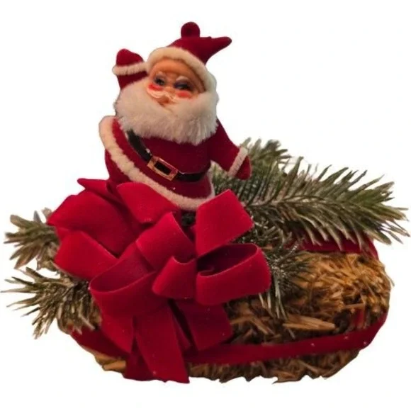 Vintage Flocked Santa Claus on Straw Hay Bale Christmas Centerpiece Red Velvet