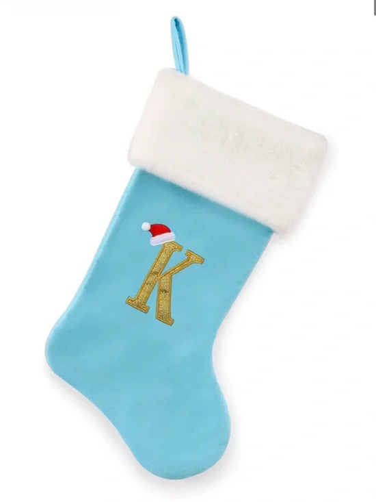 Light Blue Velvet Christmas 18”Stocking Monogram Plush Letter K White  NWT